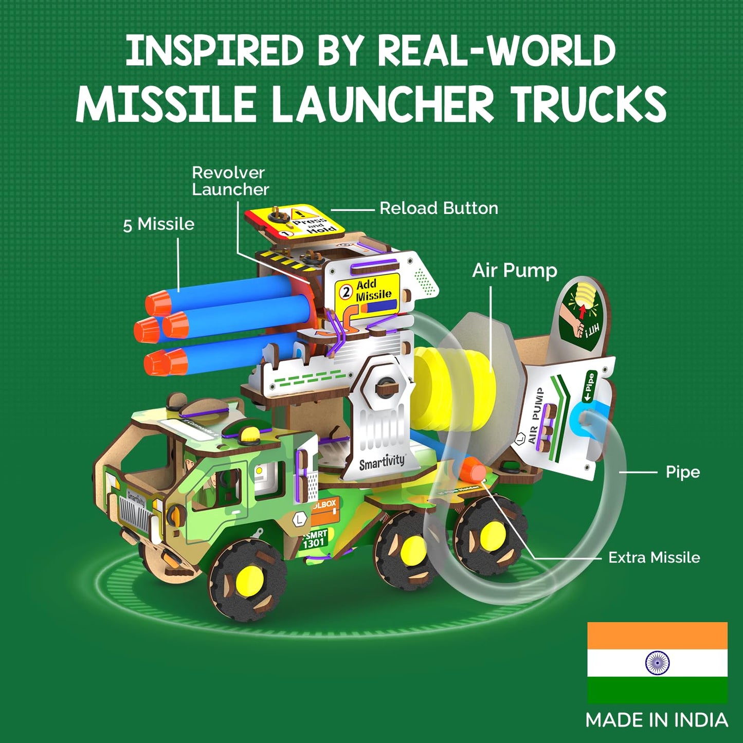 Smartivity DIY Military Vehicle STEM Building Set for Kids 8-14 Years,Army Truck with Air Powered,Missle Launch System