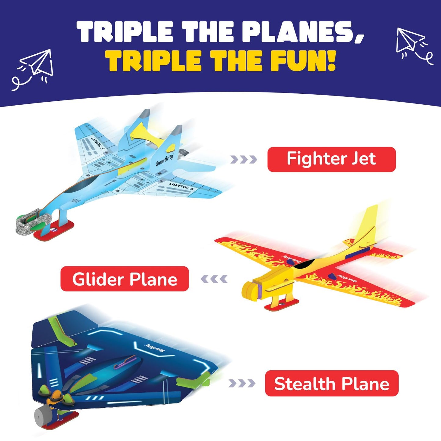 Smartivity 3in1 Airplanes Launcher Toy for Kids 6-12 | Build & Launch 3 Planes – Fighter Jet, Glider, Stealth