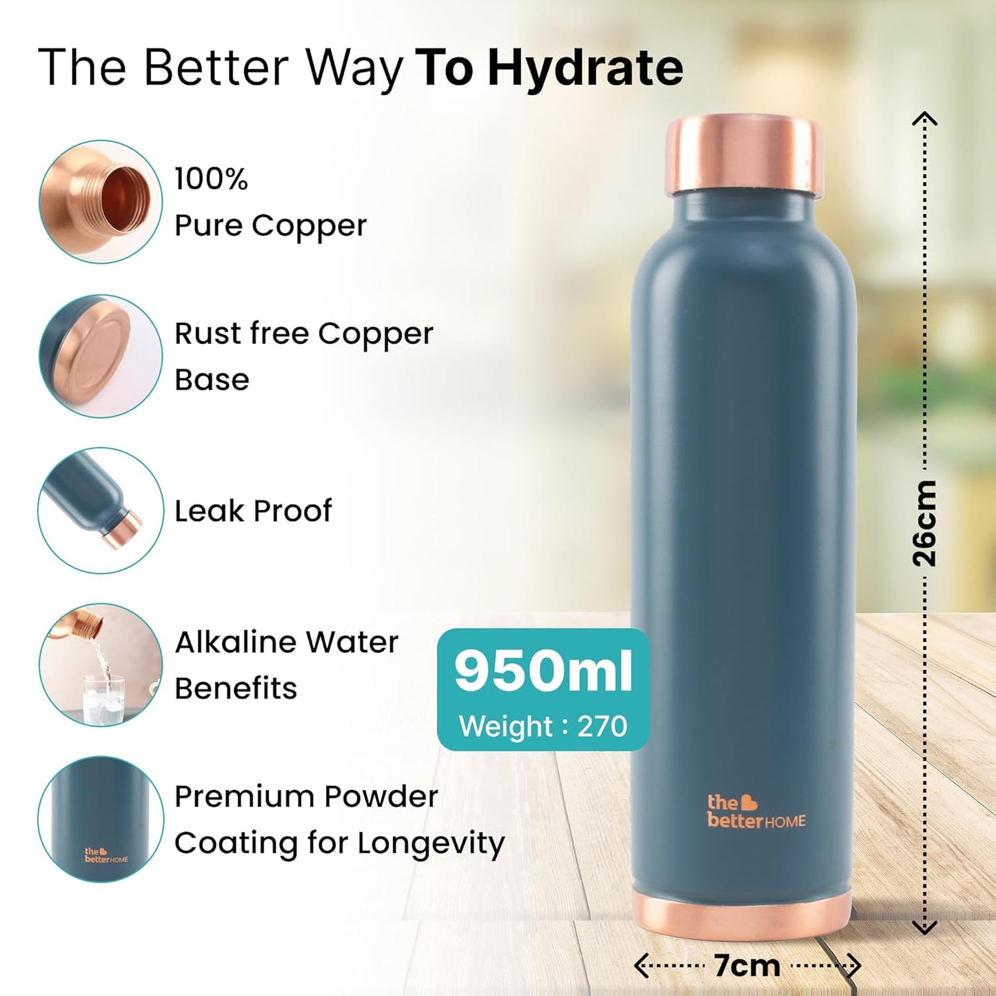 The Better Home Copper Water Bottle, 950 ml