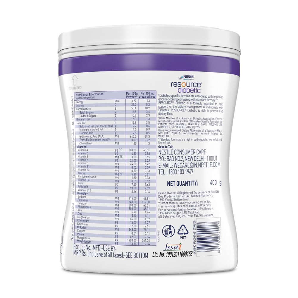 Nestle Resource Diabetic, Adult Nutrition for Diabetic Patients, Low GI Formula, Vanilla, 400 gm