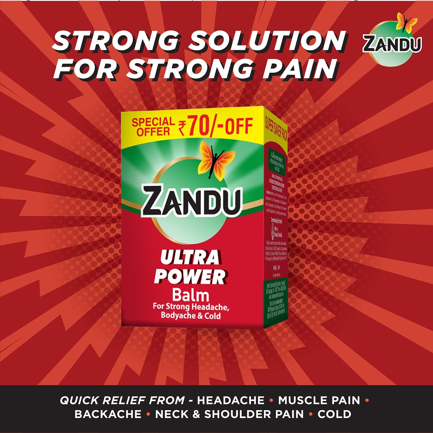 Zandu Ultra Power Balm, For Pain Relief from Strong Headache, Bodyaches & Cold, 50 ml