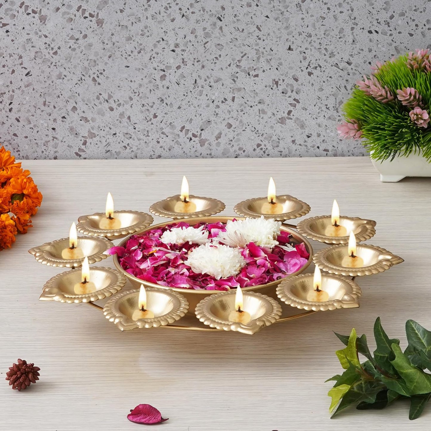 eCraftIndia Golden Metal Handcrafted Flower Decorative Urli with 10 Diyas | s | Diwali Decoration Items for Home Decor | Housewarming, Diwali Gift