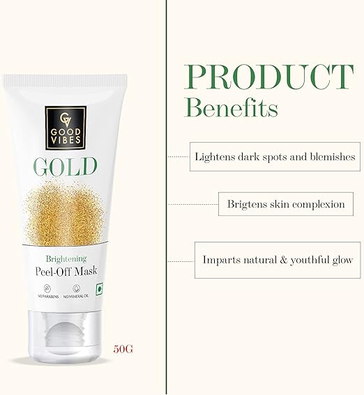 Good Vibes Gold Brightening Peel Off Mask - Help Improve Skin Radiance, Reduce Dullness, & Promote More Even Skin Tone Naturally - Parabens, Sulphates & Mineral Oil Free - Suitable for All Skin - 50 g