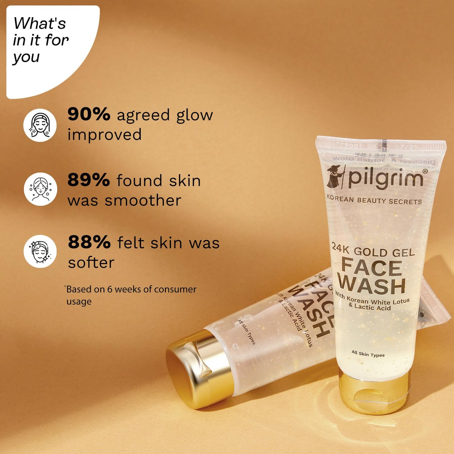 Pilgrim 24k Gold Gel Facewash with Korean White Lotus & Lactic Acid, 80 ml