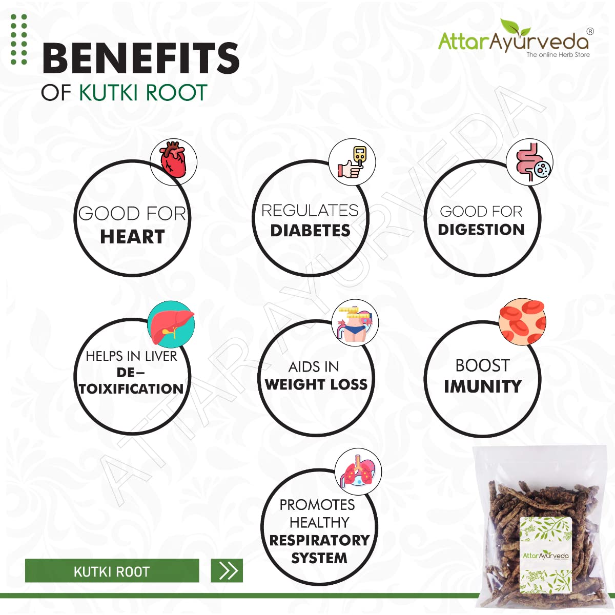 Attar Ayurveda Pure Kutki root for Liver - Katuki - Picrorhiza Kurroa (100 grams) | Preservative-free , Chemcial- free