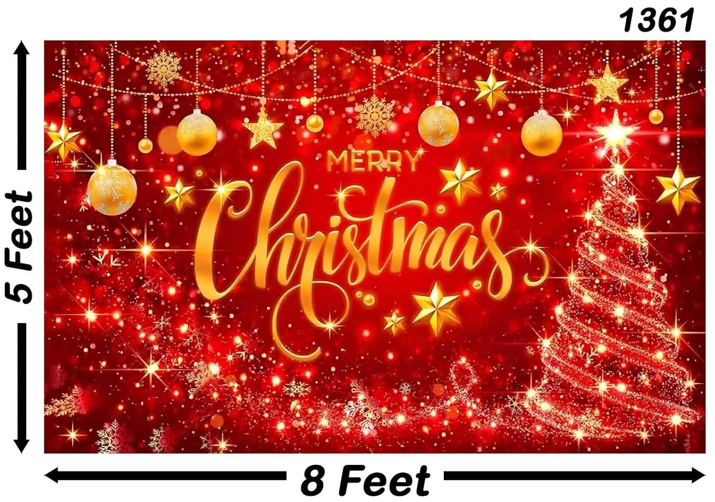 Red Merry Christmas Backdrop Glitter Bokeh Sparkle Snowflake Banner Size 5Feet Height & 8Feet Widt