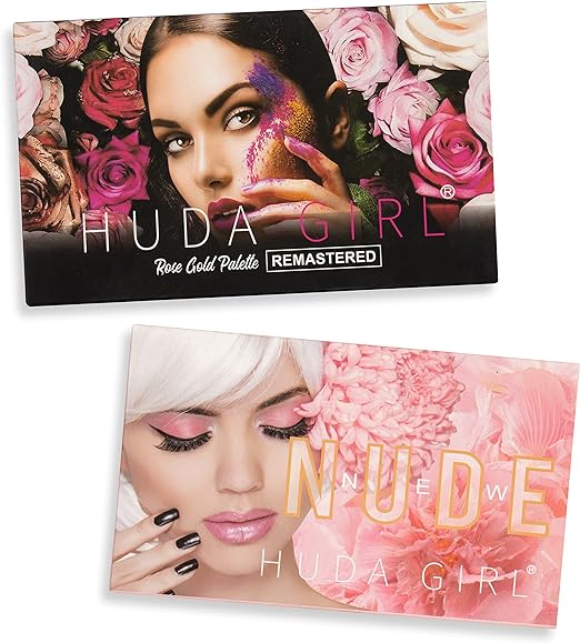 HUDA GIRL Beauty Rose Gold Remastered + Nude Edition Eyeshadow Palette Combo Kit - 36 Matte and Shimmer Finishes, Includes Black Eyeshadow - Complete Eye Shadow Palette Set