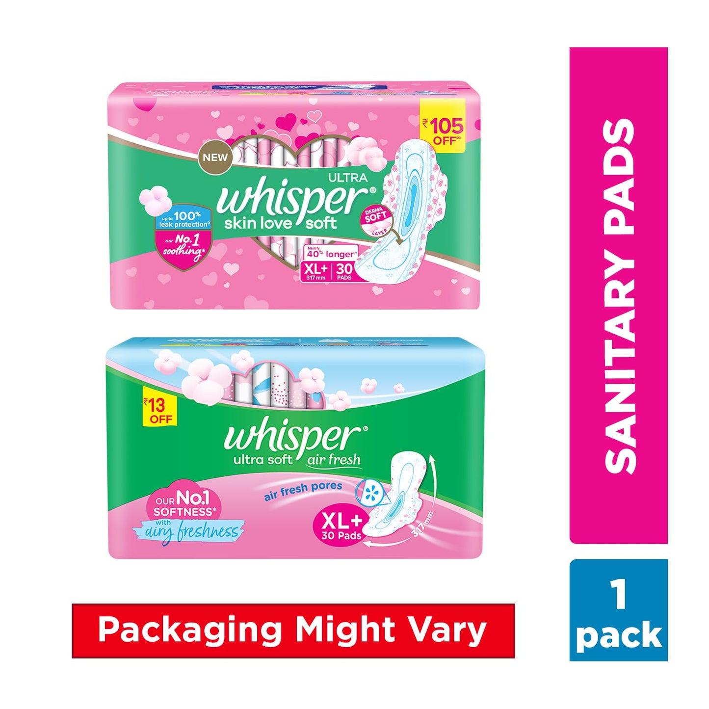 Whisper Ultra Soft Sanitary Pads for Women, XL+, Pack of 30 Napkins