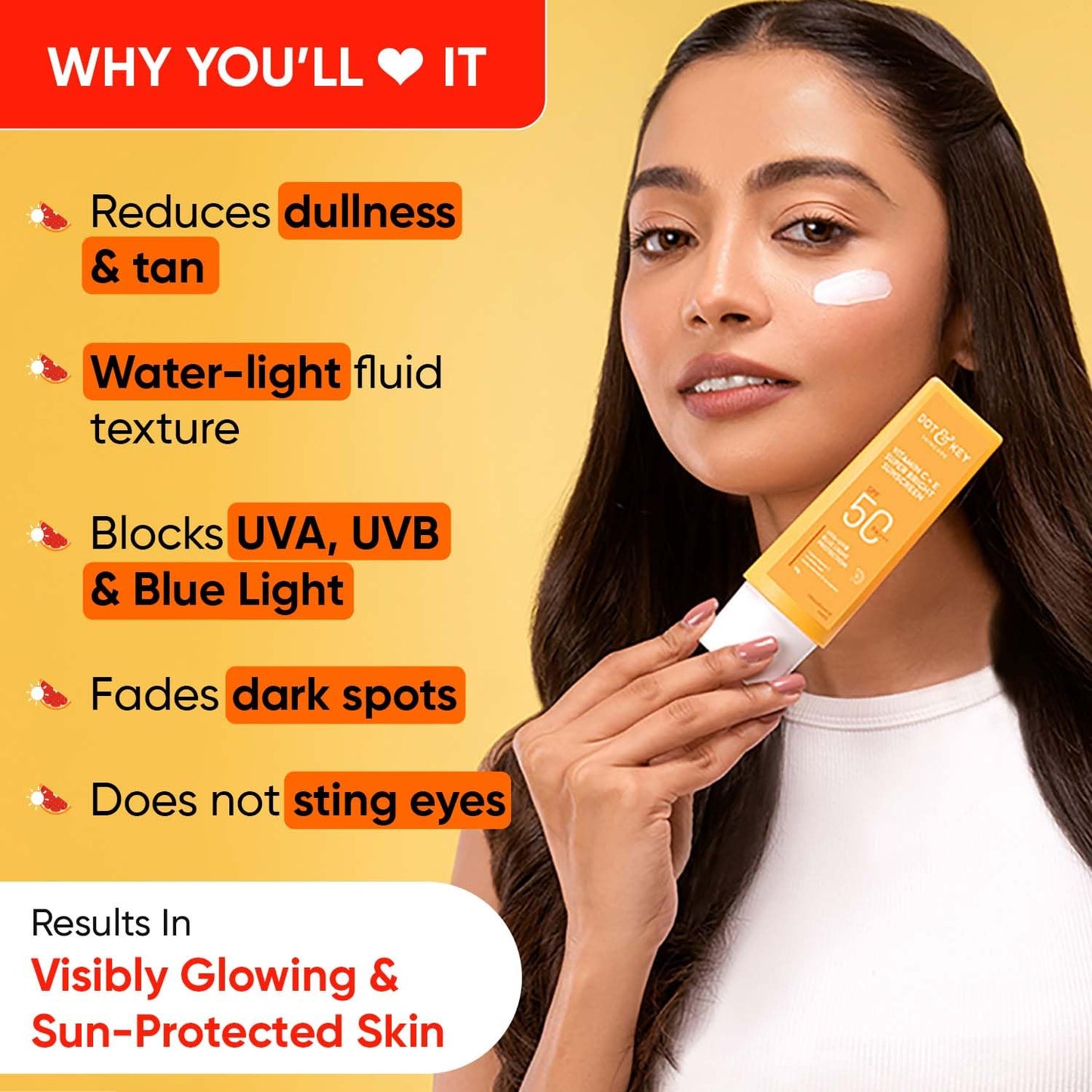 Dot & Key Vitamin C + E Super Bright Sunscreen SPF 50 Combo (Pack of 2, 50gm each) | Water-Light, UVA/UVB & Blue Light Protection | For Even Toned & Glowing Skin | No White Cast, | For All Skin Types