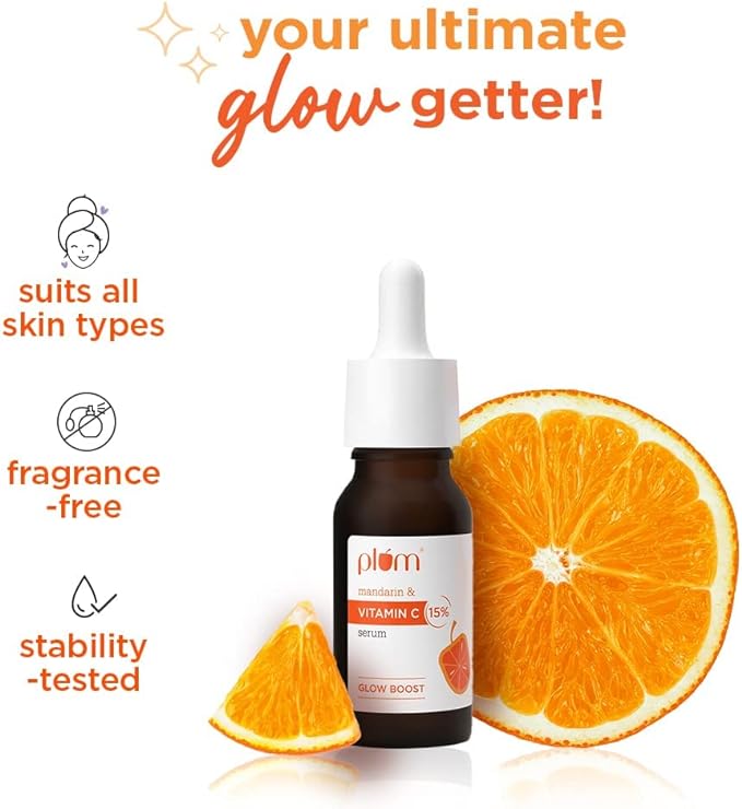 Plum 15% Vitamin C Serum for Face Glow Boost with Mandarin with Pure Ethyl Ascorbic Acid Japanese Mandarin and Kakadu Plum Fragrance-Free | 20 ml