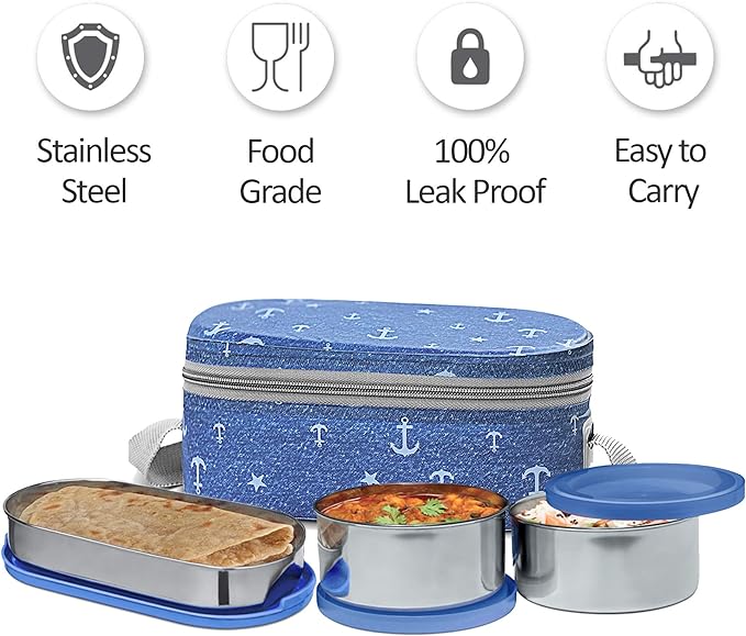 Milton Corporate Lunch Stainless Steel Containers Set of 3, Blue