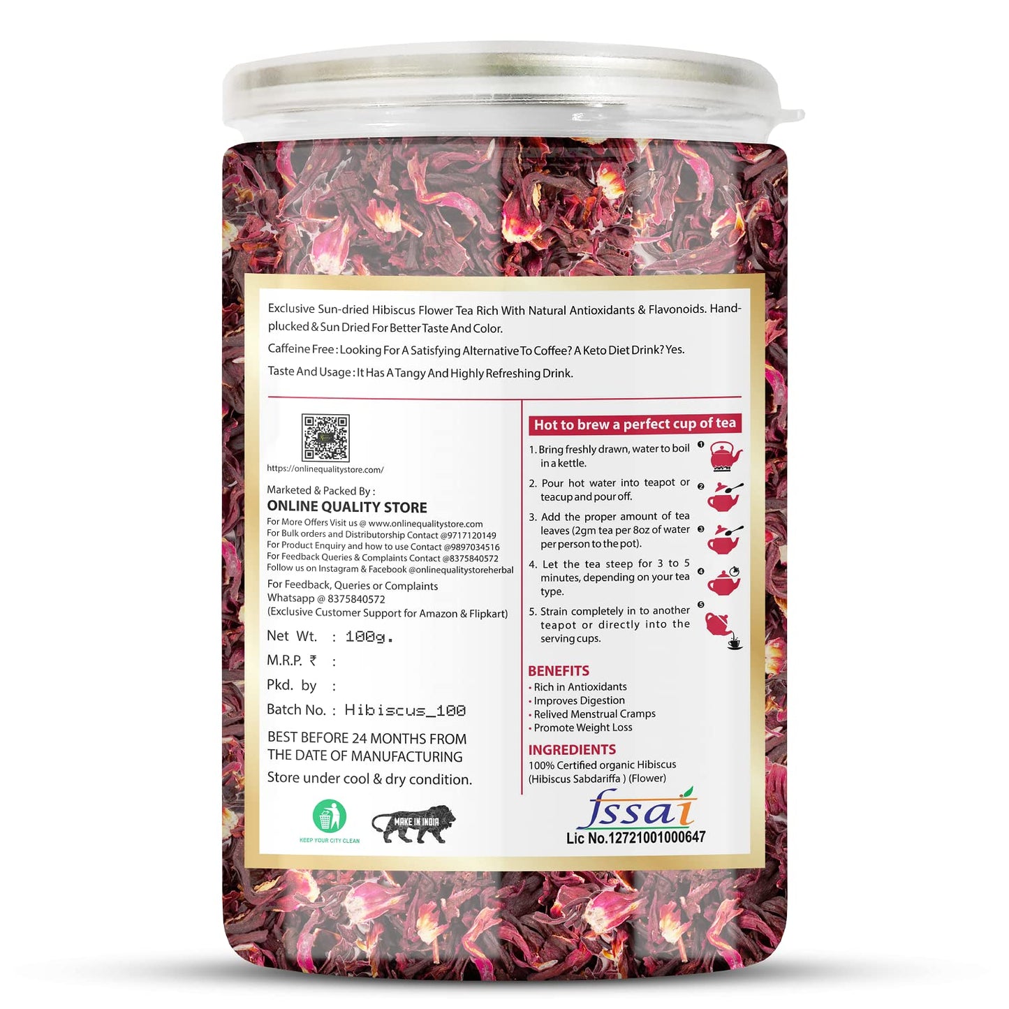 Online Quality Store Hibiscus Flower Tea, Whole Leaf, 100 gm