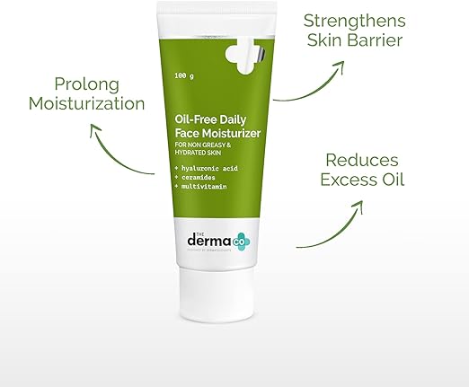 The Derma Co Oil-Free Daily Face Moisturizer With Hyaluronic Acid, Ceramides & Multivitamins for Non-Greasy & Hydrated Skin - 100g Prolonged Moisturization | Strengthens Skin Barrier