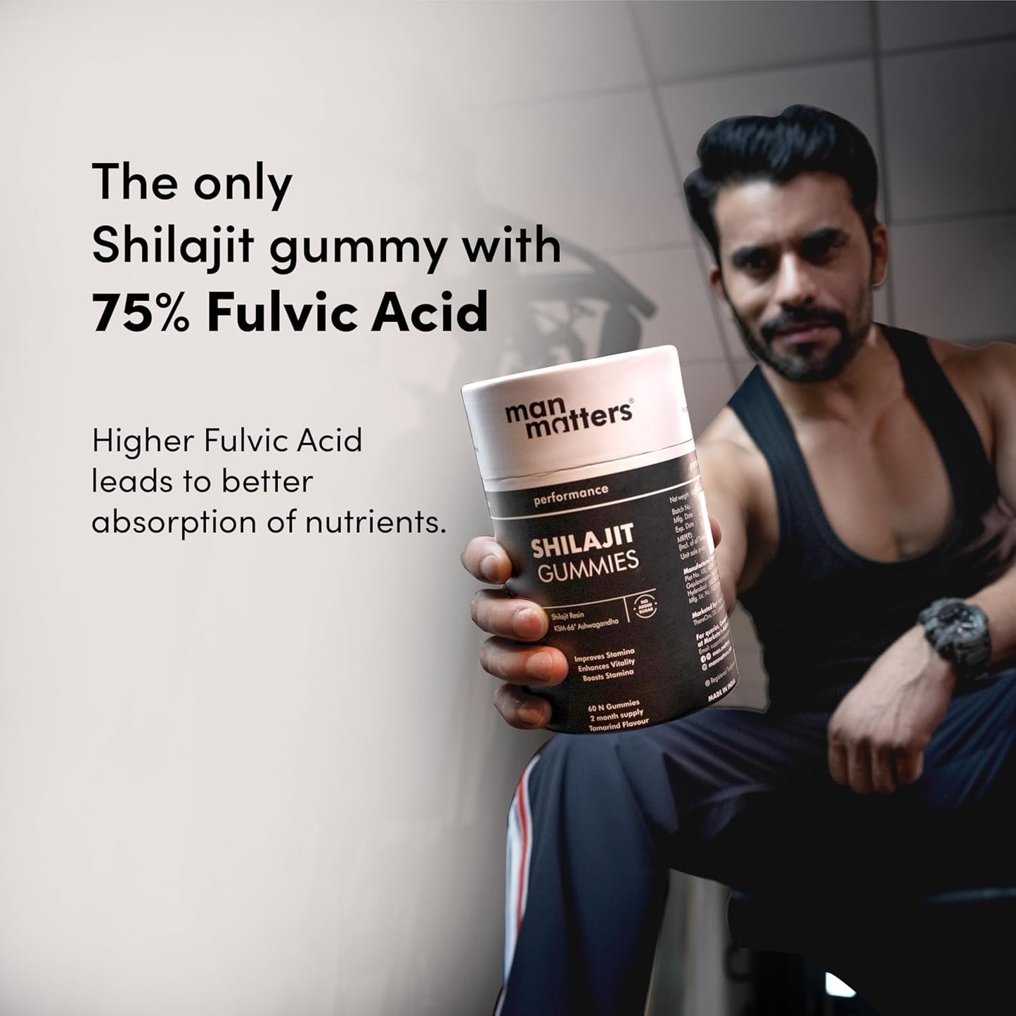 Man Matters Pure Himalayan Shilajit/Shilajeet Gummies with 75% Fulvic Acid & KSM 66 Ashwagandha, 60 Cap.