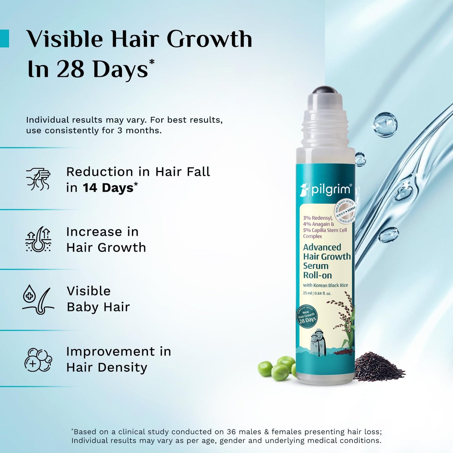 Pilgrim Advanced Hair Growth Serum Roll-on for Scalp with Korean Black Rice, 25 ml