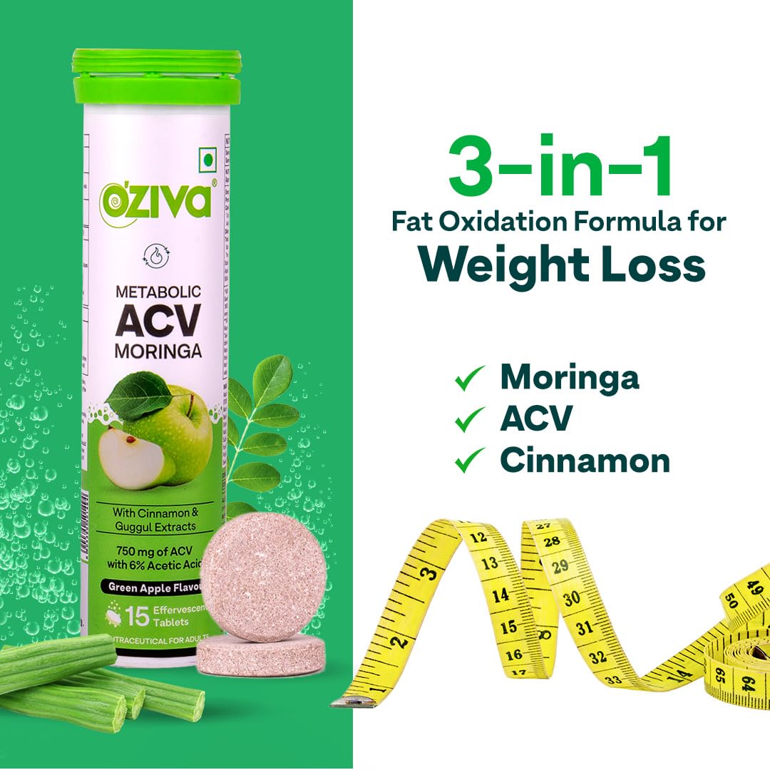 OZiva ACV Moringa | Control Cravings I Apple Cider Vinegar, Cinnamon, Guggul, Green Apple, Pack of 4 (60 tablets)