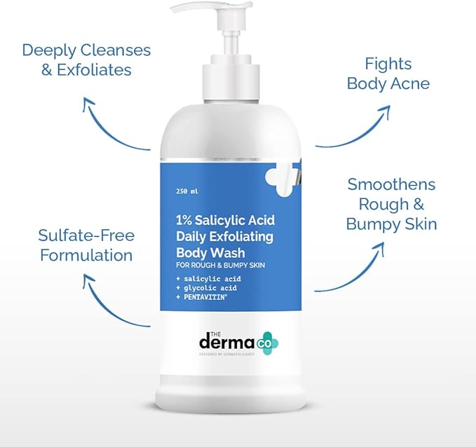 The Derma Co 1% Salicylic Acid Daily Exfoliating Body Wash To Prevent Body ACNE & Cleanse Skin, with Salicylic Acid, Glycolic Acid & Pentavitin - 250 ml