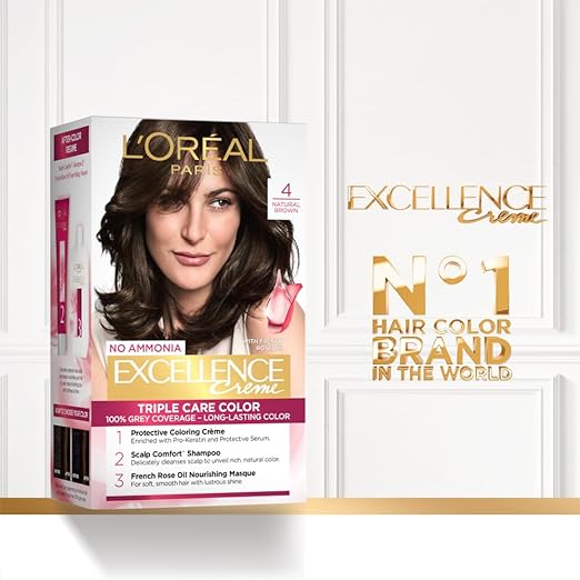 L'Oréal Paris Excellence Creme Hair Color, 4 Natural Brown/Natural Dark Brown, 72 ml+100g