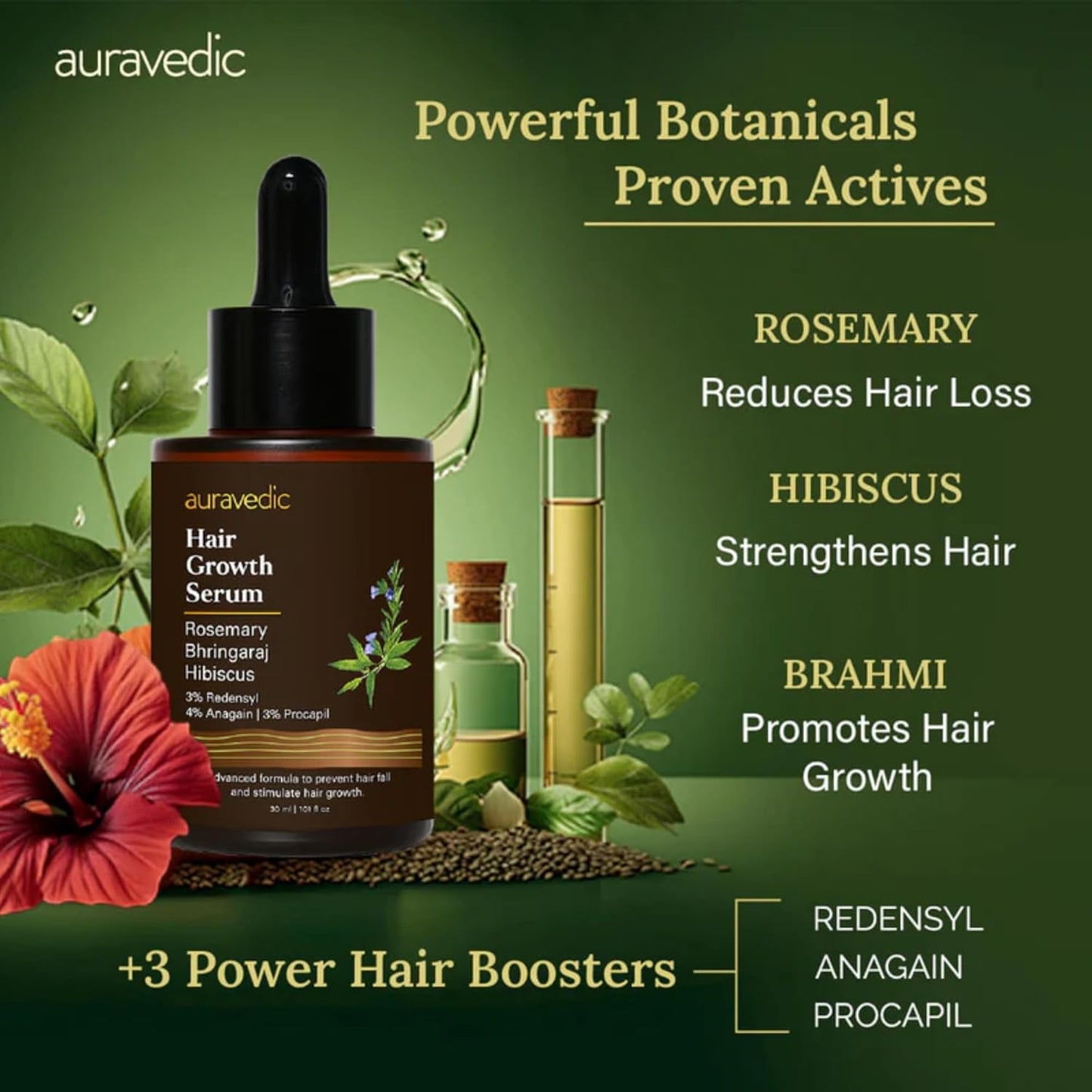 Auravedic Advance Hair Growth Serum For Scalp With Anagain 2%, Redensyl 3%, Procapil 3%, Caffeine, Biotin, Bhringaraj, Rosemary Oil, 30 ml