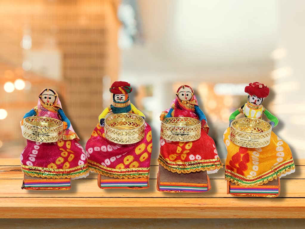 JH Gallery Handmade Recycled Material Rajasthani Raja Rani Puppet/Dolls Diyas Tealight/Diya/Diwali Diya/Idol Diyas Holders Gift for Diwali, Home Decor/Temple Decor (Pack of 2, Standing Tealight)