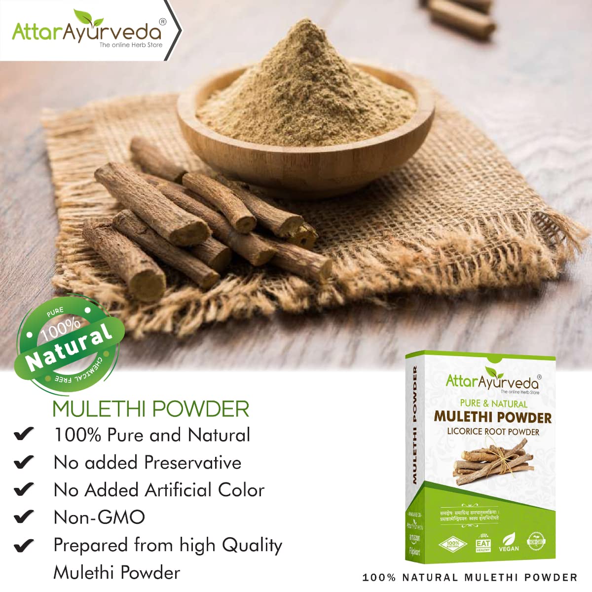 Attar Ayurveda Pure & Natural Mulethi Powder For Skin Whitening, Licorice Powder For Body, Skin and Hair, (200gm)