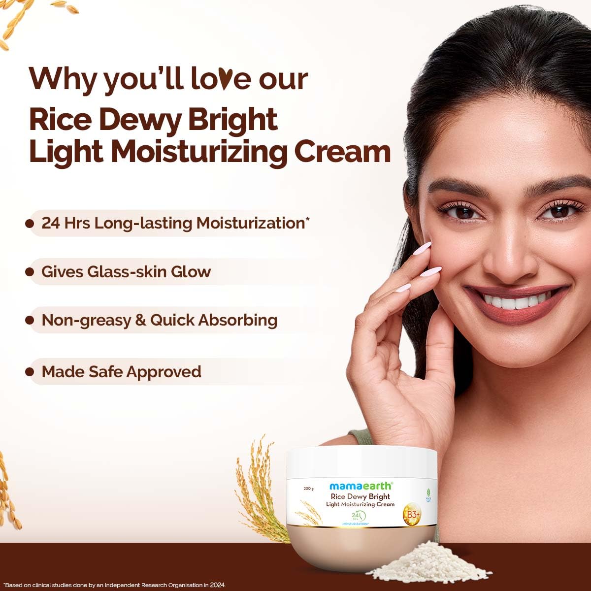 Mamaearth Rice Dewy Bright Light Moisturizing Cream With Rice Water & Niacinamide For Glass-Skin 200G |For Face, Hands & Body|24H Long-Lasting Moisturization
