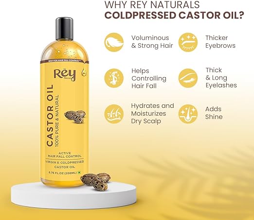 Rey Naturals Premium Cold Pressed Castor Oil - Pure & Virgin Grade - for Healthy Hair and Skin - 200ml