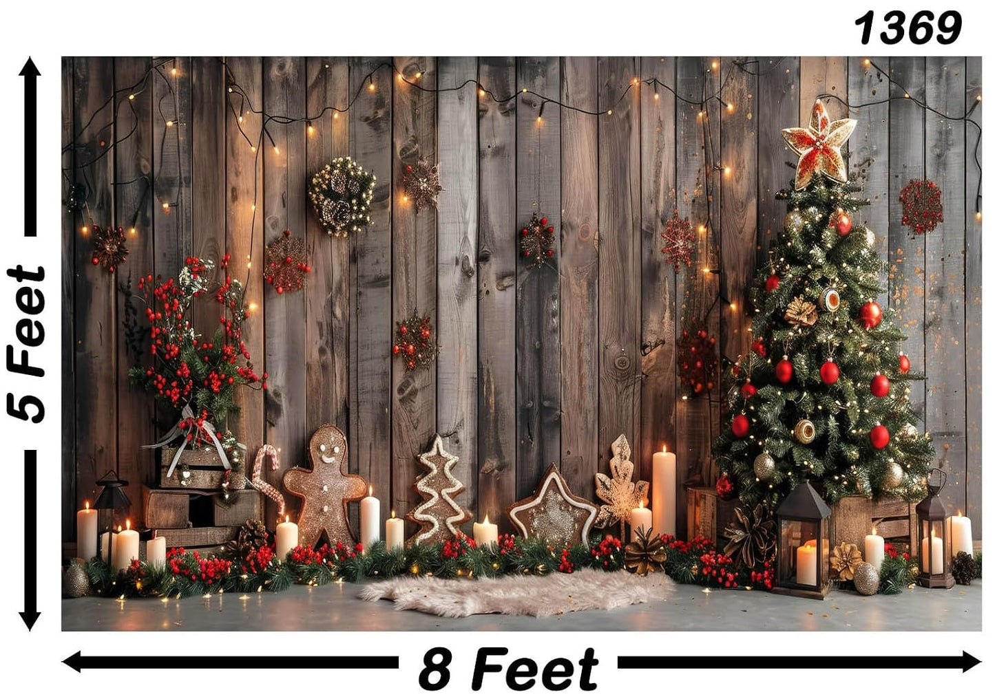 Christmas Backdrop Christmas Tree with Gifts Lights Snowflake Props Size 5Feet Height & 8 Feet Width