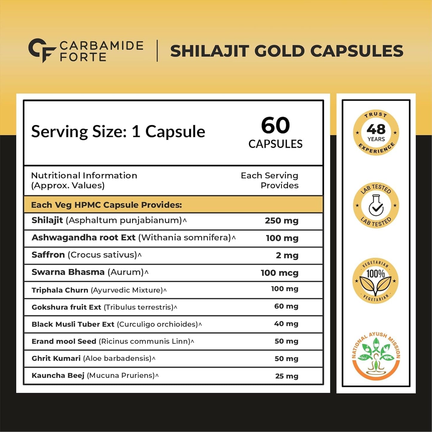 Carbamide Forte Shilajit Gold Capsules For Men With Pure Shilajit Swarna Bhasma,Gokshura,Ashwagandha, 60 cap.