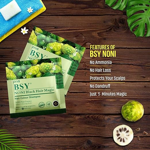 BSY Noni Black Hair Magic Hair color shampoo (12ml x 5 Sachets) | Ammonia Free | Natural Black Permanent Hair Dye Shampoo for women | Noni Fruit Hair Dye | 5 Minutes Hair Colour