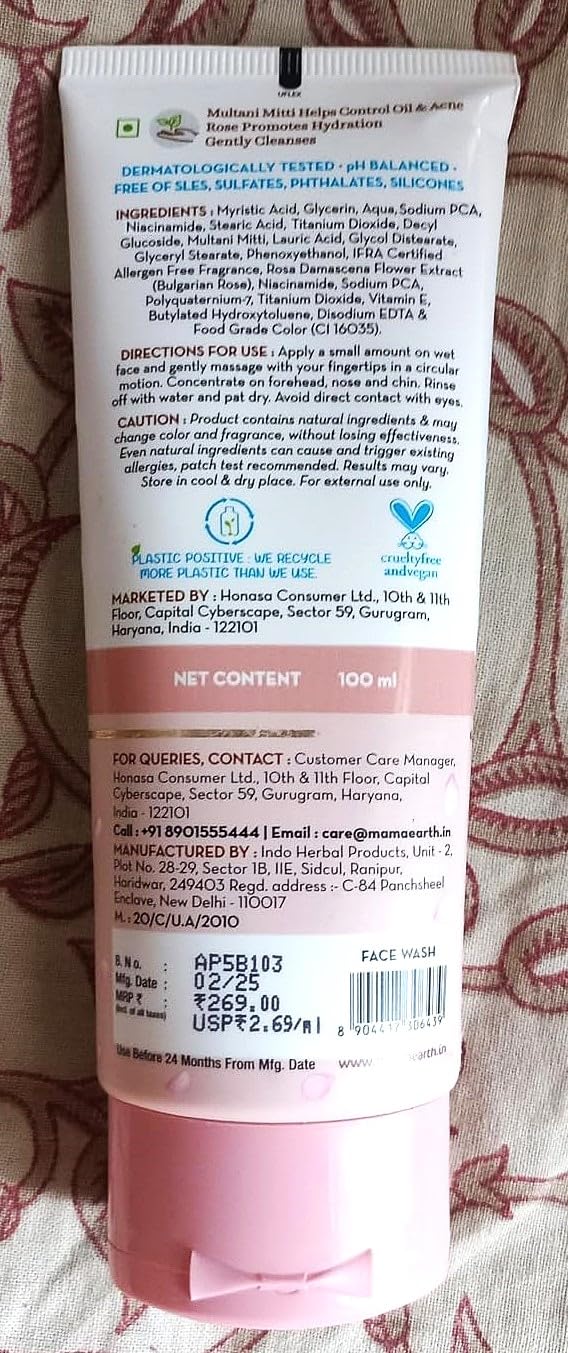 Mamaearth Multani Mitti Face Wash with Multani Mitti & Bulgarian Rose For Oil Control & Acne | Suits All Skin Types | Hydrating & Gentle | Paraben-Free | No Silicones | Sulphate-Free | For Men & Women | 100 ml