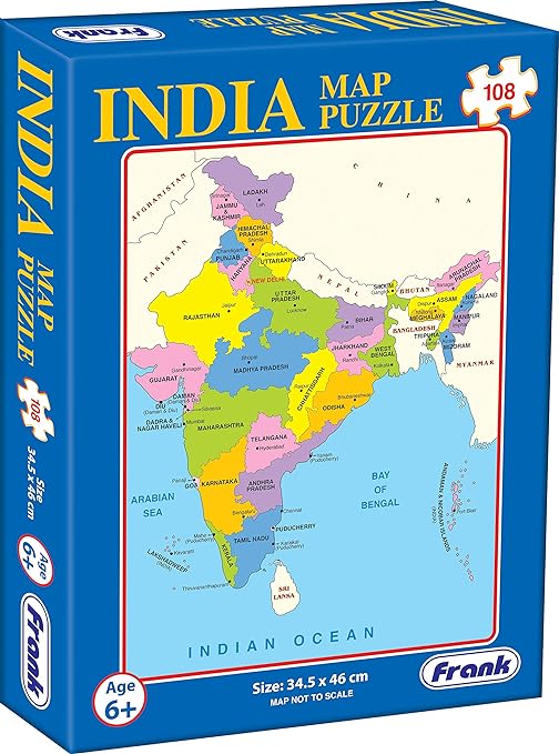 Frank India Map Puzzle – 34.5 x 46 cm, 108 Pieces, Early Learner Large Educational Jigsaw Puzzle Set with States, Union Territories, Capitals | Ages 6 & Above