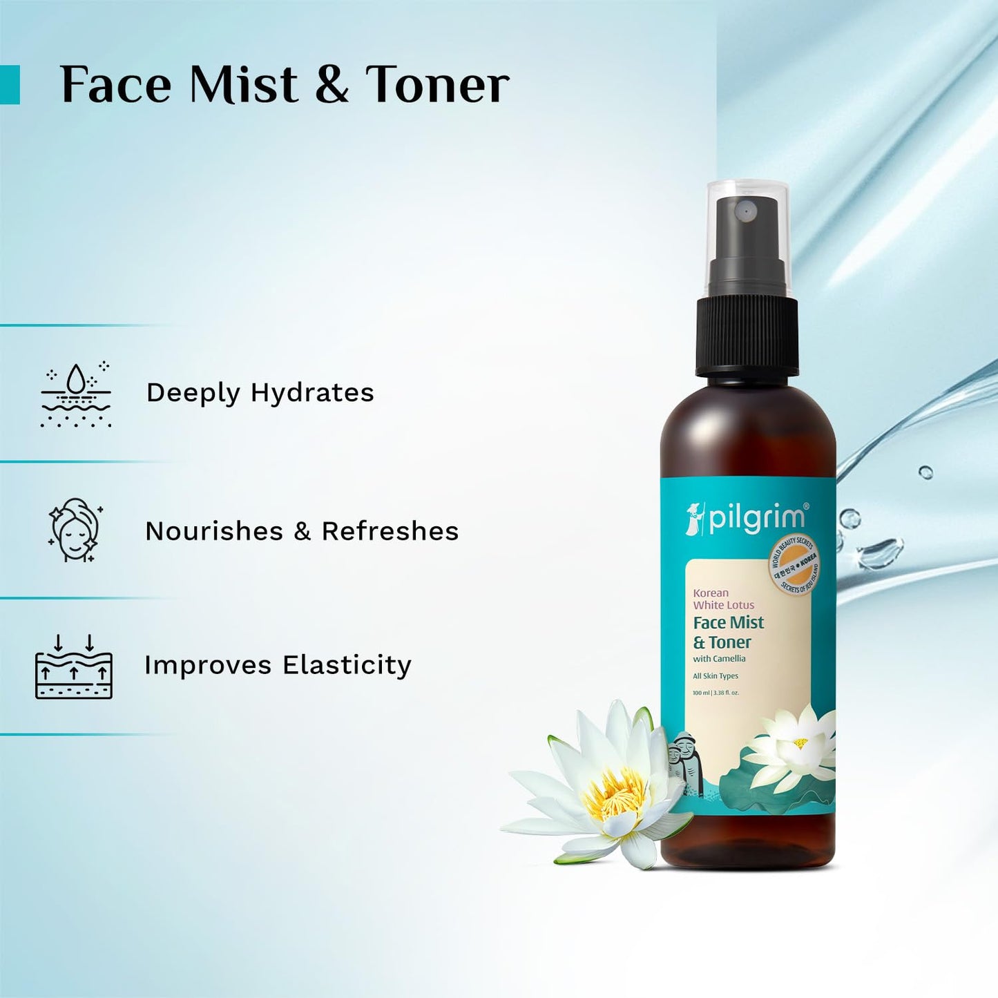 Pilgrim Korean Beauty White Lotus Refreshing Face Mist & Toner, 100 ml