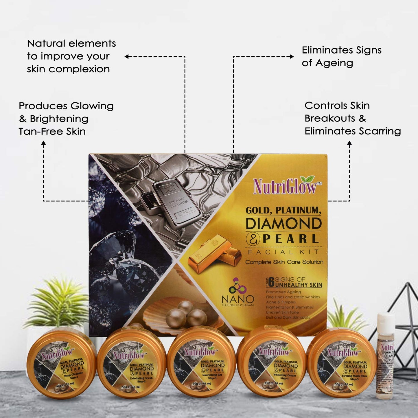 NutriGlow Platinum Diamond Gold and Pearl Facial kit 6-Pieces, 250 gm+10 ml