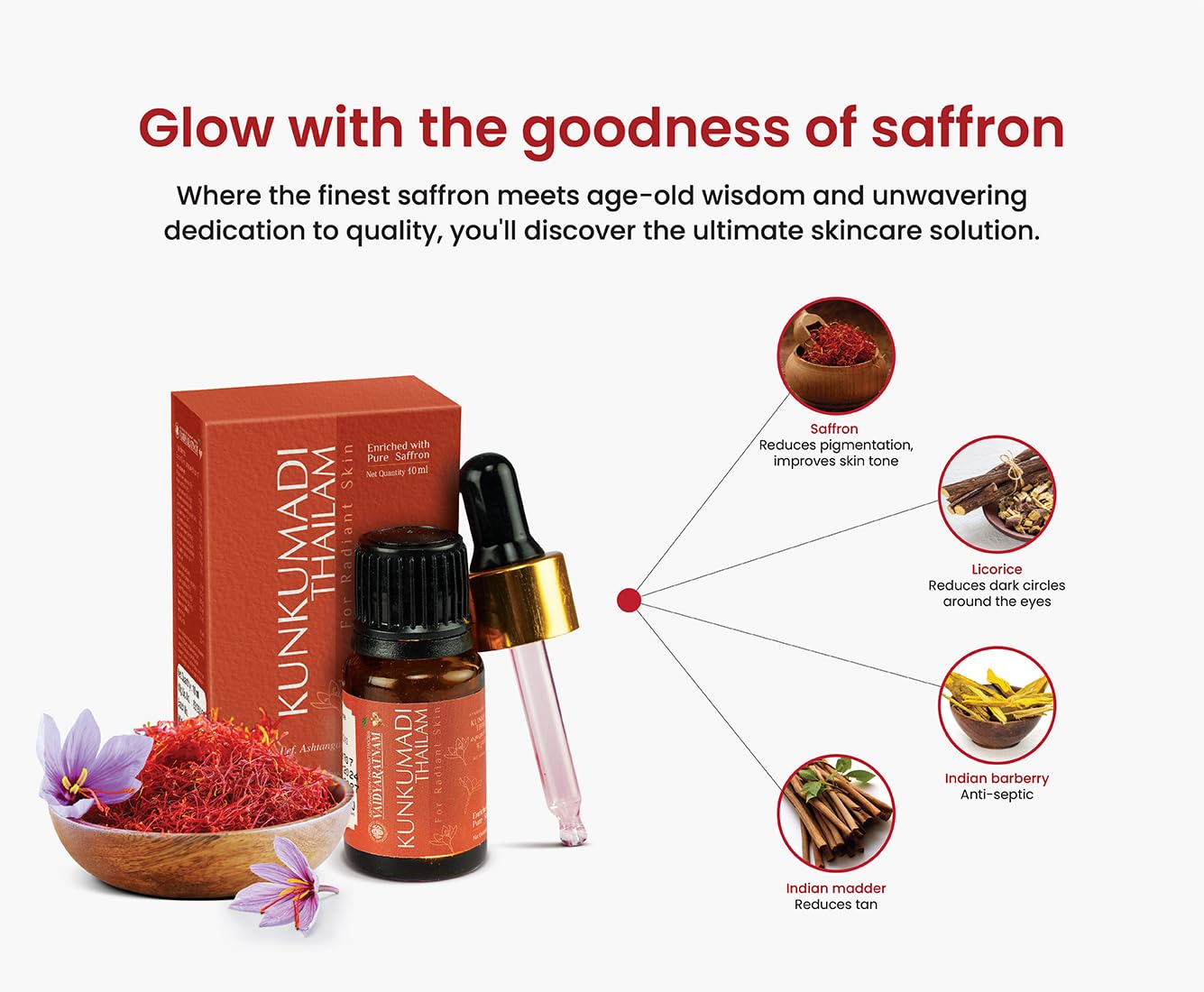 Vaidyaratnam Kunkumadi Thailam | Ayurvedic Facial Oil for Radiance, Pigmentation, 53 ml