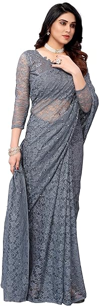 Yashika Womens Solid Net Saree With Blouse Piece