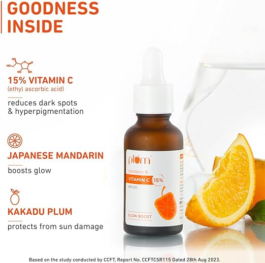 Plum 15% Vitamin C Serum for Face Glow Boost with Mandarin with Pure Ethyl Ascorbic Acid Japanese Mandarin and Kakadu Plum Fragrance-Free 30 ml