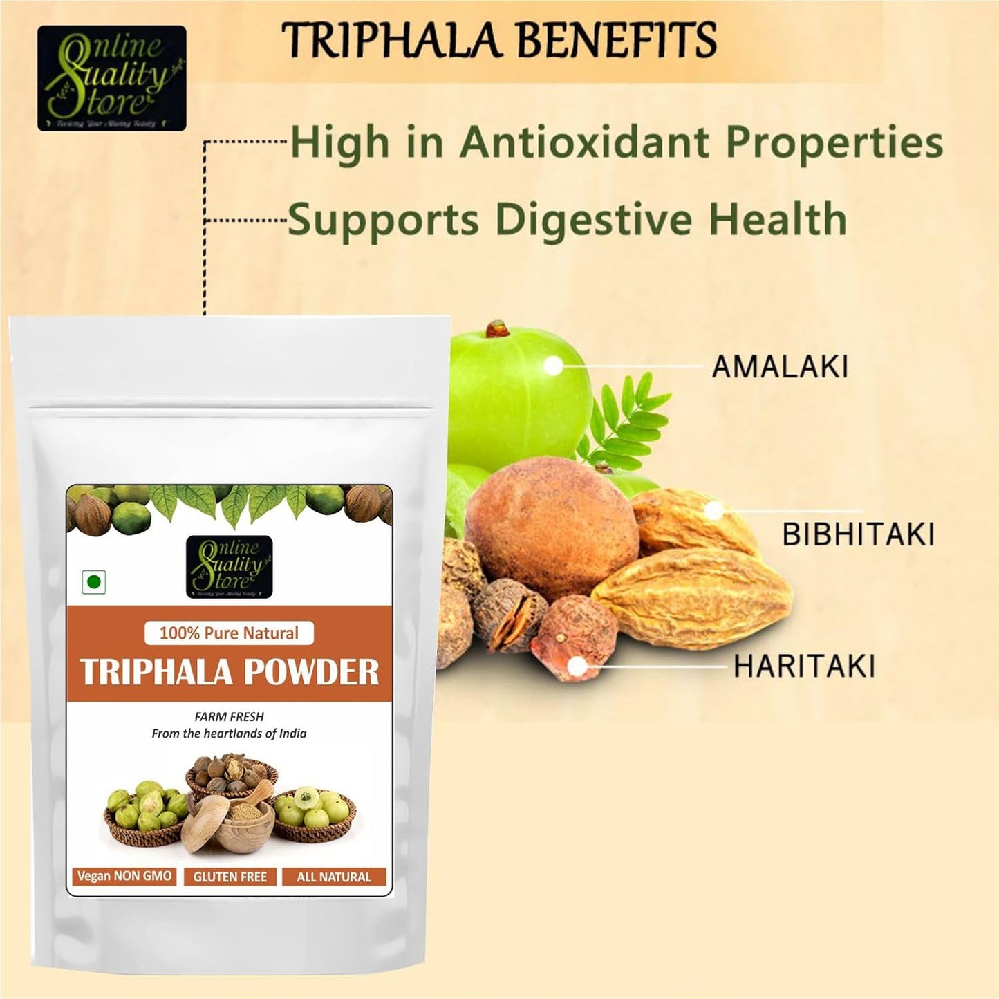 Online Quality Store Triphala Powder - 100g for eating, hair and skin, churna powder of Amla, Behada, Harada