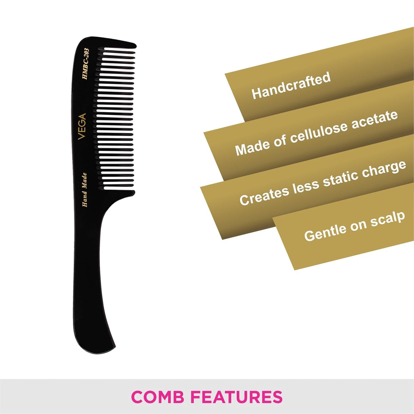 Vega Grooming Hair Comb,Handmade, (India's No.1* Hair Comb Brand)For Men and Women,Black, (HMBC-203)