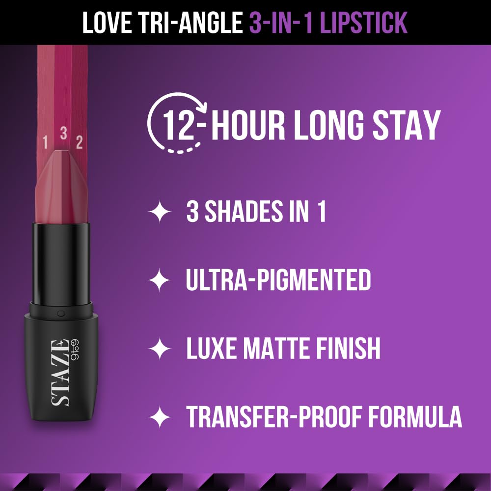 Staze 9to9 3 in 1 Lipstick | 3 Unique Shades in 1 | 12 HRS Long Lasting, Transferproof | Non-drying Formula with Intense Color Payoff | 04 Nude Orchid | 3.8 g