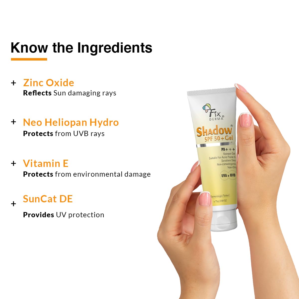 FIXDERMA Shadow Sunscreen Spf 50+ Pa+++ Gel Broad Spectrum Sunscreen For Uva & Uvb Protection  75gm