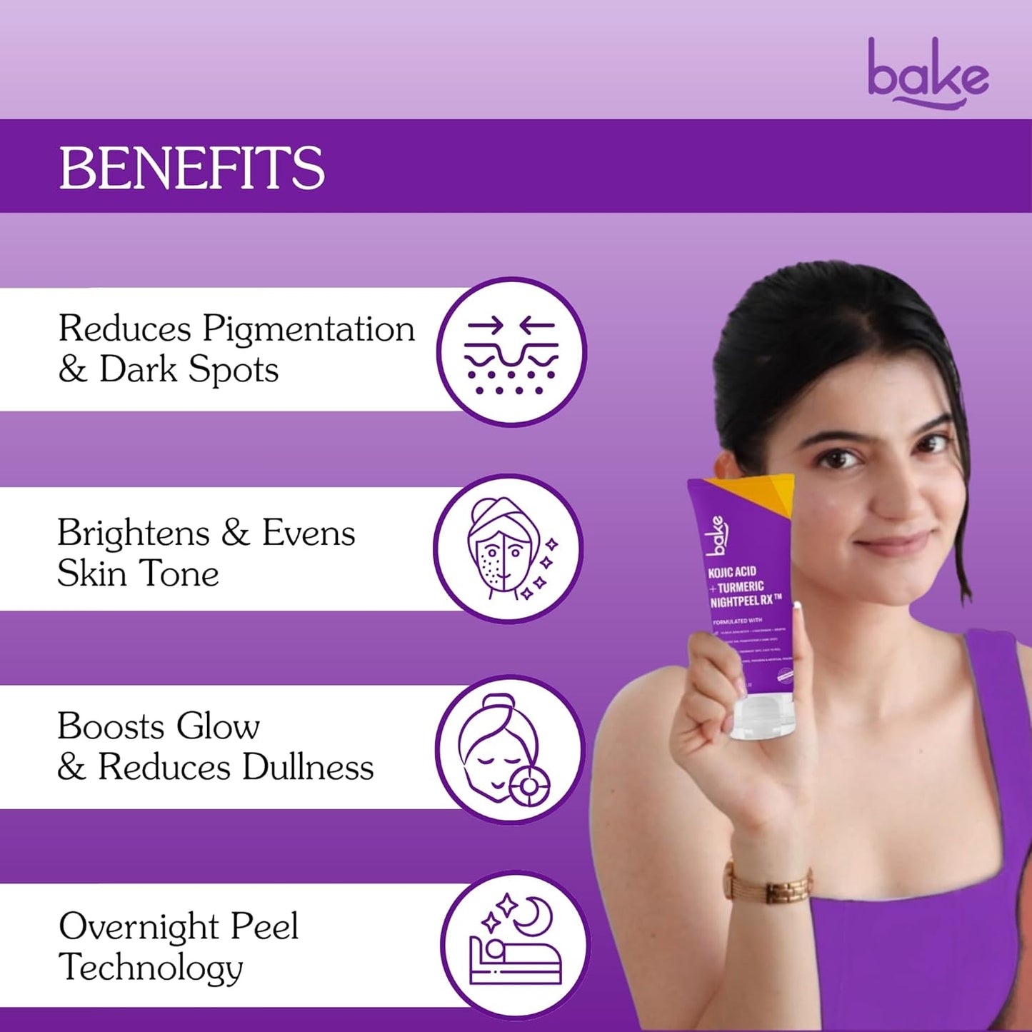 Bake 1% Kojic Acid Night Peel Off Mask with Niacinamide & Turmeric, 100 gm