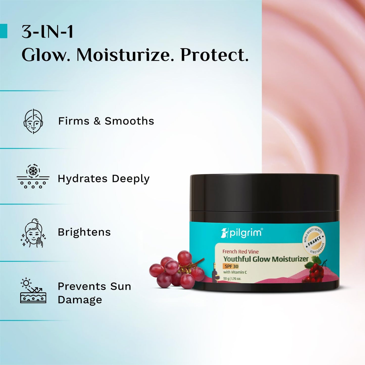 Pilgrim French Red Vine Face Cream with SPF 30 Sunscreen, Sun Protection PA+++, 50 gm