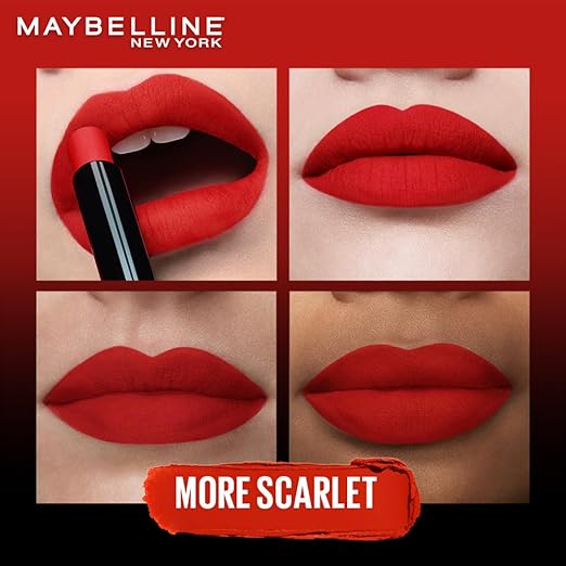 Maybelline New York Lipstick, Matte Finish, Bold Colour, Enriched With Jojoba Oil, Color Sensational Ultimattes, 299 More Scarlet, 1.7g