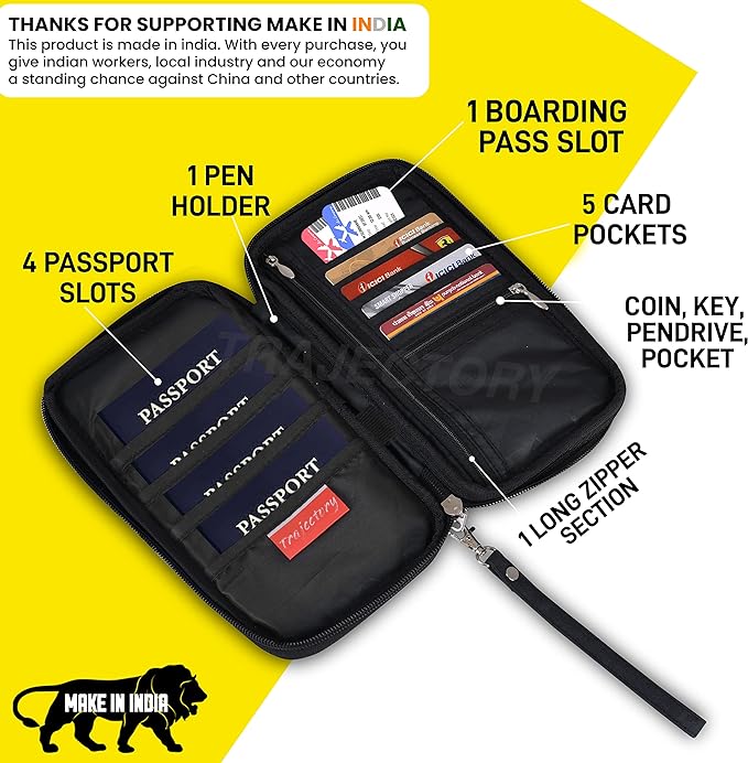 Trajectory Fabric Travel Passport and Card Holder and Wallet Organiser Case for Daily Use and International Trip, Black