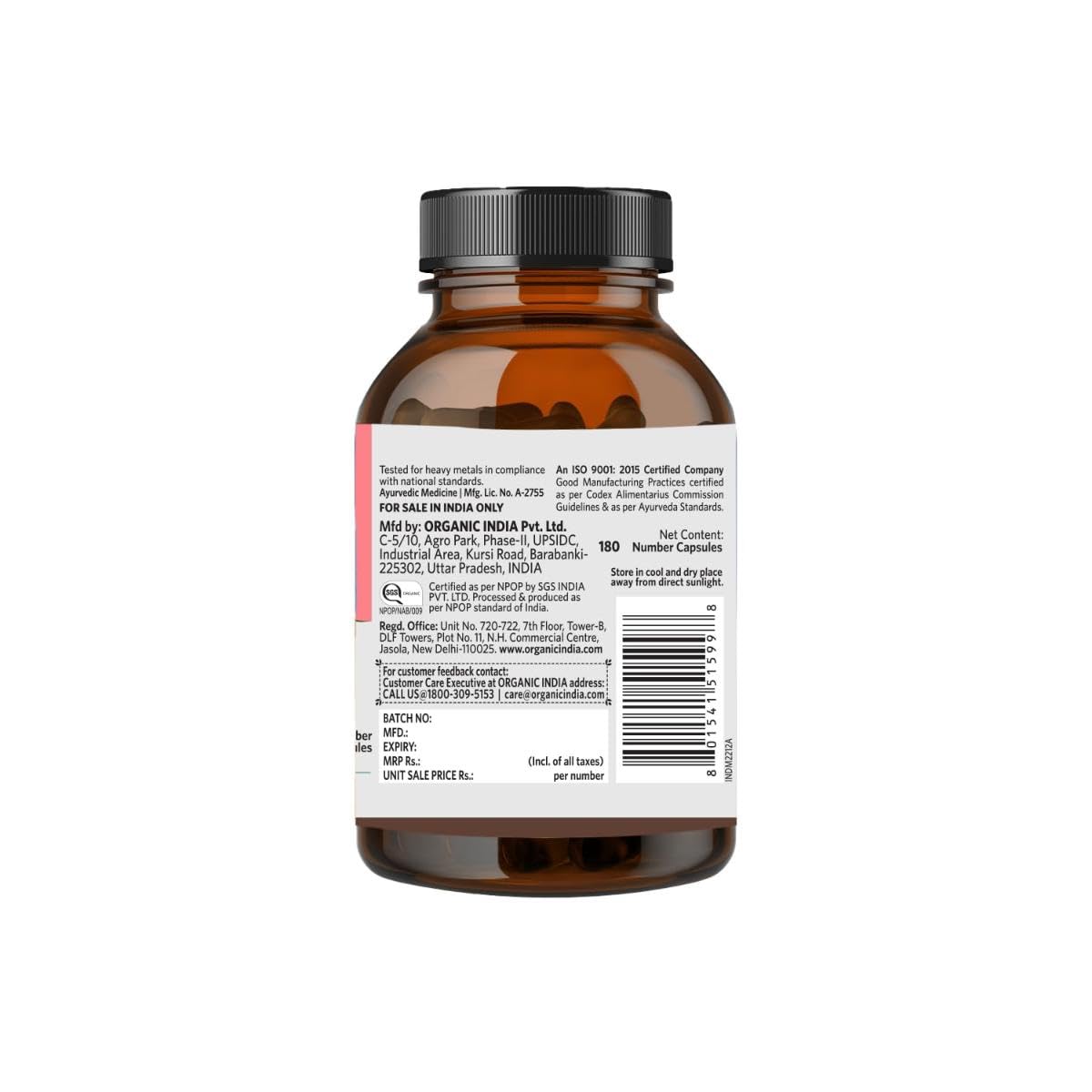 A TATA Product - Organic India Ashwagandha Capsules - 180 Veg Caps, Vitality & Relieves Stress, Naturally Boosts Energy & Stamina, Improves Immune System, GMP & NPOP Certified Organic