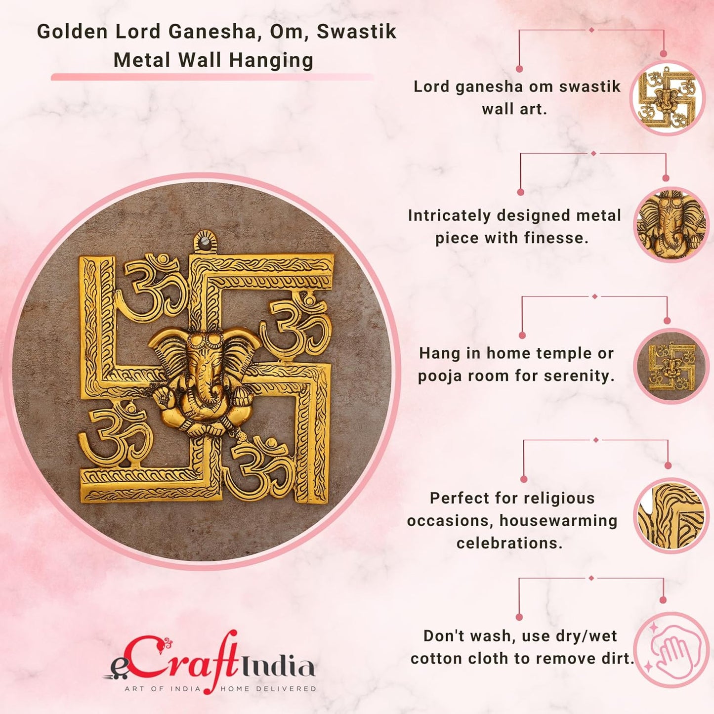 eCraftIndia Lord Ganesha on Om Swastik Metal Golden Wall Hanging