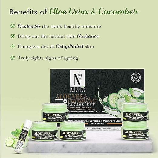 NUTRIGLOW Natural's Aloe Vera & Cucumber Facial Kit for Radiant Skin, Replenish Moisture, Cleanse Pores, Calms Skin, Anti Aging (8.8 Oz + 0.3 Fl Oz)