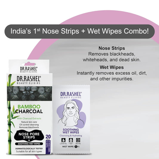 Dr.Rashel Bamboo Charcoal Nose Pore Strips, 20 Strips + 20 Wipes, Pack Of 2