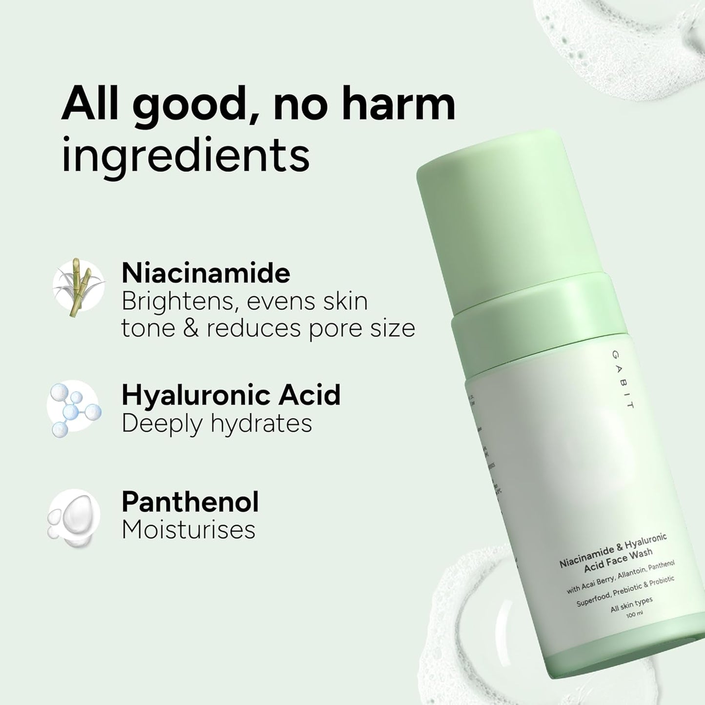 Gabit Niacinamide & Hyaluronic Acid Foaming Face Wash, 100 ml ,Pack of 2